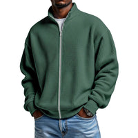 Mens Minimalist Solid-Color Waffle-Weave Stand-Up Collar Zip-Up Jacket