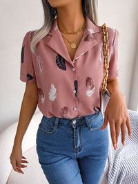 Women   Elegant Notched Lapel Feather Loose Short Sleeve Shirt