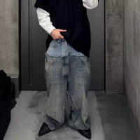 Cat Whisker Distressed Long Pants Unisex Double Waist Patchwork Jeans