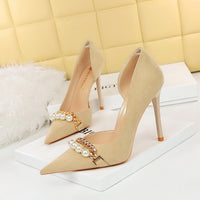 Shallow-toe Pointed-toe Pearl-embellished Metallic Chain Side-cutout Pumps
