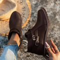 Low-heeled Leather Belt-buckle Plus-size Round-toe Ankle Boots
