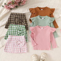 Girl's Long-sleeved Top With Plaid Bow Short Skirt Set