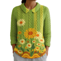 Autumn And Winter New Women's Doll Collar Knitted Jacquard Fabric French Retro Printed Top