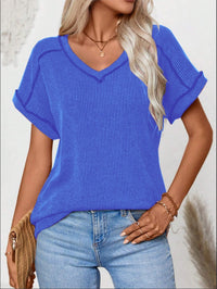 Fashionable Two-tone Twisty Stretch Short-sleeve V-neck Top Women's T-shirt