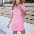Womens Short-Sleeve Denim Shirt Dress Denim Button-Up Casual Style