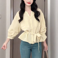 Loose, Casual, Slimming Lace-Up Shirt For Early Autumn Womens