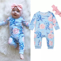 Girls' Long-sleeved Flower Climbing Romper And Headband Jumpsuit