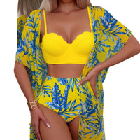 Women's Maple Leaf Printed High Waist Mesh Bikini Suit