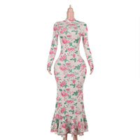 YJ24427 Elegant Long-Sleeved Slim-Fit Long Printed Dress