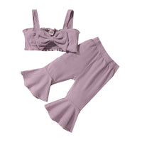Children's Clothing Summer Girls' Sunken Stripe Cotton Bow Suspenders Short Shirt Bell-bottom Pants Suit