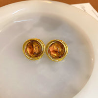 Handmade Maillard Aesthetic Earrings, Irregular Silver Tone Brown Resin Circle Studs, Retro Minimalist Geometric Ear Jewelry, Unique Gift For Women