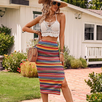 Bohemian Stretch Knit Jacquard Vacation-style Slit Skirt