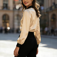 Women's Spring And Autumn Fashion Contrasting Color Collar With Mouth Top Long Sleeve Collar Satin Commuting Shirt Top