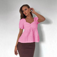 V-neck Fashionable Simple Puff-sleeve Top For Women
