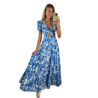 Womens Midriff-baring Backless Lace-up Printed Dress