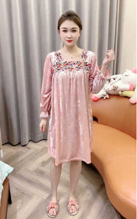 Long Sleeve Nightdress Women's Gold Velvet Home Wear Loose Plus Size Dress
