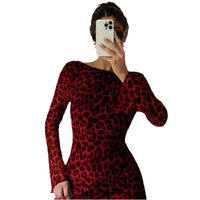 European And American-style Sexy Backless Leopard-print Long-sleeve Dress