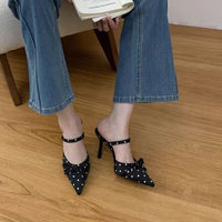 2026 Summer New Women's Polka Dot Pointed Toe High Heels, Bow Backless Mule Sandals, Slim Heel Closed Toe Slide Sandals For Women
