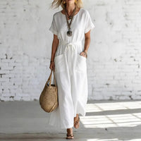 Short-sleeve V-neck Casual Cotton-linen Dress With A Belt