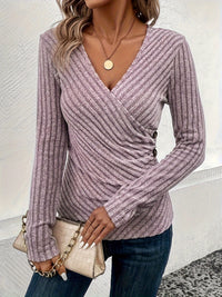 Spring And Autumn Women's Solid Color And V-neck Long-sleeved T-shirt Top