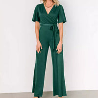 Women's Casual Solid Color Short Sleeve Belt Jumpsuit