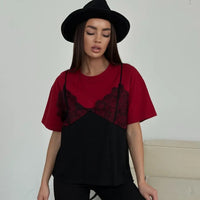 Women's Lace-Patchwork Loose Basic Crew-Neck Short-Sleeve T-Shirt