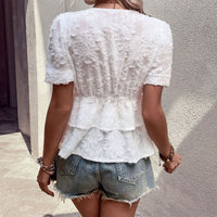 Fresh And Sweet Style Waist-Cinched V-Neck Short-Sleeve White Jacquard Shirt For Women