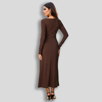 Buttoned Square-neck Long-sleeve Elegant Dress