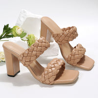 Square Toe Flip-flops Chunky Heel Woven Twisted Slippers