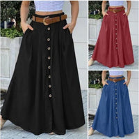 Fall Women's Long Dress Button High Waist Pure Color Pocket Casual
