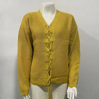 Solid Color And V-neck Hollow Out Tied Knitted Sweater