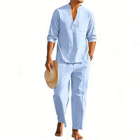 Casual Men's Henley Long-Sleeve Straight-Leg Pants Set