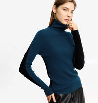 Color-blocked Turtleneck Wool Sweater For Women, Slim Fit, Two-way Knit Base Layer