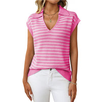 Women's V-neck Knitted Top Casual Striped Collar Sweater