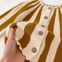Striped Knitted Coat Culottes Two-piece Suit