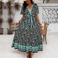 Women's Retro Printed V-Neck Long Dress Women's Pullover