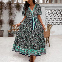 Women's Retro Printed V-Neck Long Dress Women's Pullover