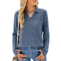 Solid Color Polo Collar Pocket Long Sleeve Loose-fitting T-shirt Top Women