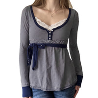 Lace-trimmed Faux Two-piece Striped High-waist Long-sleeve Versatile Top