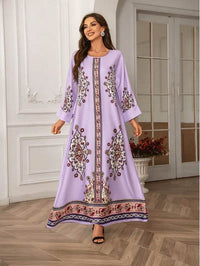 Elegant Floral Print Long Sleeve Abaya Dress