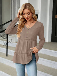 Women's Solid-color V-neck Button-panel Loose Long-sleeve Top
