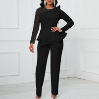 Long Sleeve Mesh Splicing Beads Banquet Plus Size Jumpsuit