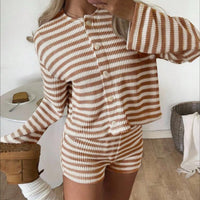 Womens Fashionable, Slim-Fit Striped Cropped Cardigan And Shorts Set