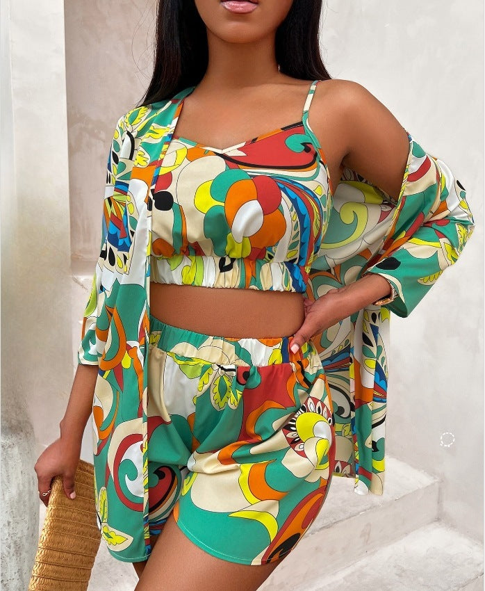 Summer Fashion Printed Waist-controlled All-match Top Three-piece Suit