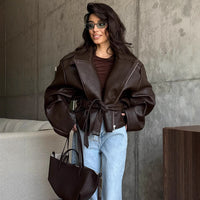 Lady Temperament Short Lace Up Leather Coat