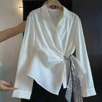 Womens Autumn Long-Sleeve Shirt With A Diagonal-Placket Silk Scarf Tie