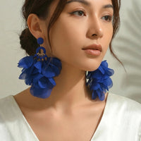 Bohemian Handmade Fabric Chiffon Flower Dangle Earrings For Women Tropical Beach Vacation Party Oversized Statement Jewelry