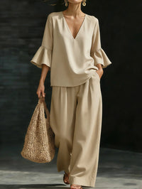 Womens V-neck Ruffle-Sleeve Top And Wide-Leg Pants Two-Piece Set