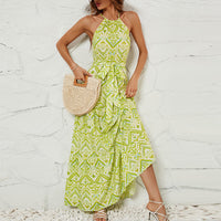 Sexy Round-Neck Lace-Up Printed Long Dress Robe