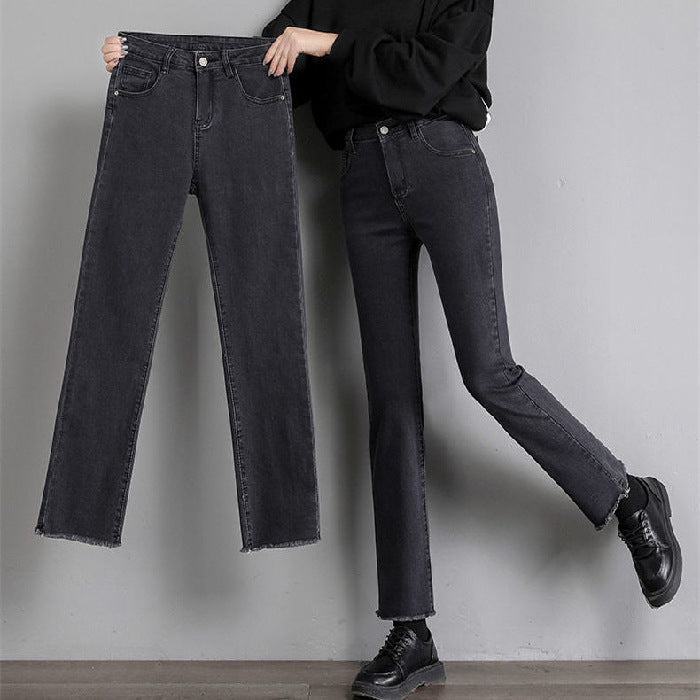 High Waist Slim Black Straight-leg Pants Cropped Jeans